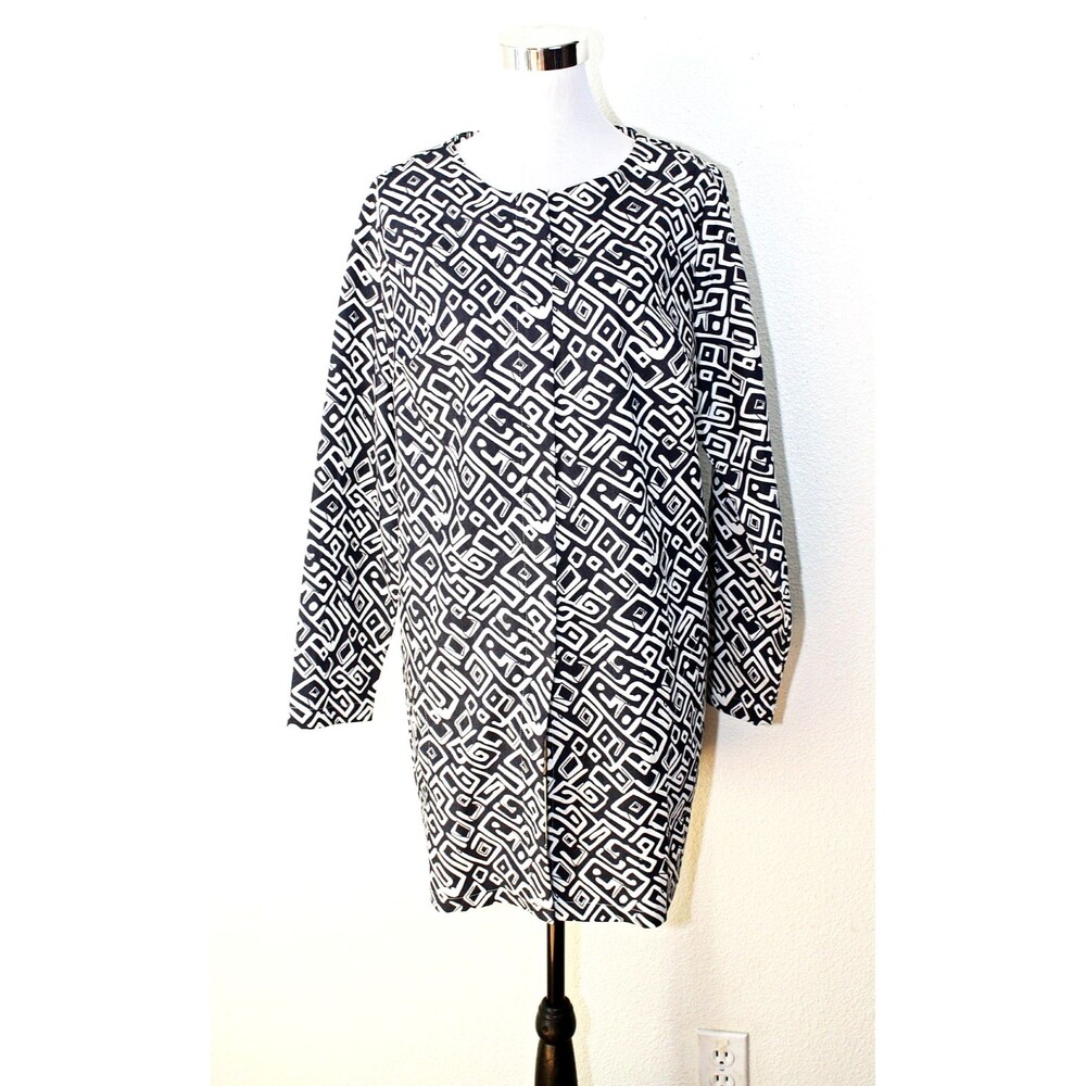 Coastal Lagenlook KURA Light Jacket Duster Sz. 42 (12) Navy White Op Art LS #04